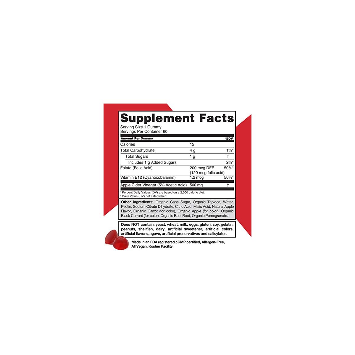 Goli Apple Cider Vinegar Gummy Vitamins 60 Count Vitamins B9 & B12