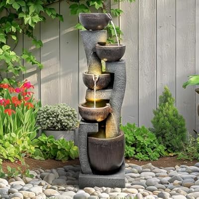 SunJet 43.7" Indoor/Outdoor Modern Water Fountain - 5-Tiers Garden Cascading Fountain with Lights & Pump - Curve Shape Floor-Standing Waterfall Feature for Home Deck, Patio, Porch, Yard Decor