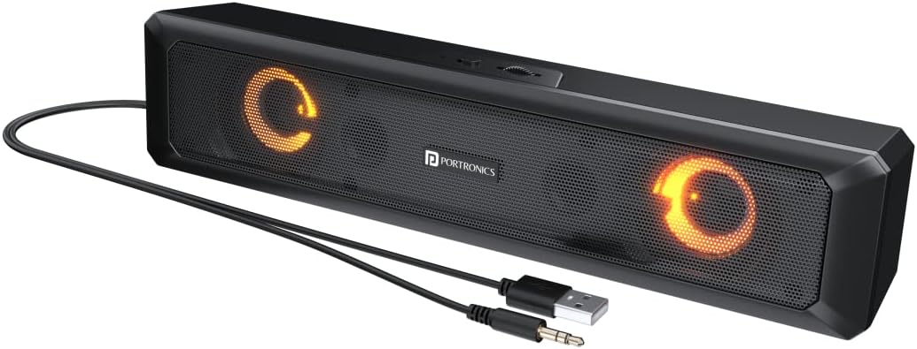 Portronics in Tune 3 6W Portable USB Wired Soundbar with Multicolor LED Light Speaker for PC, Desktop and Laptop, 3.5mm Audio Jack, Volume Scroll Button, Plug & Play(Black)