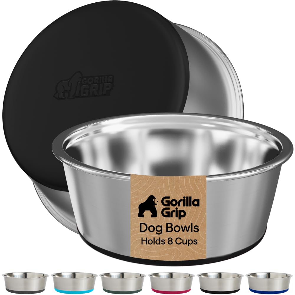 GORILLA GRIP Dog Bowls, Food Grade Stainless Steel, Set of 2, 8 Cup, Black