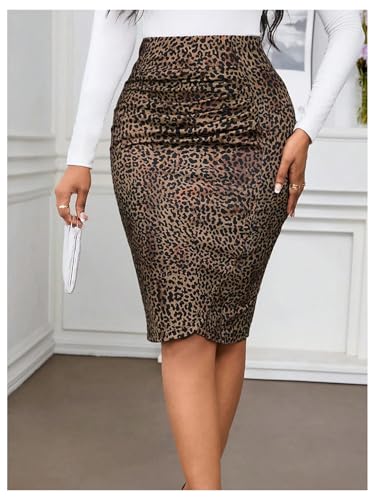 WDIRARA Women's Leopard Print Ruched Mini Bodycon Skirt High Waisted Slit Back Pencil Skirts4
