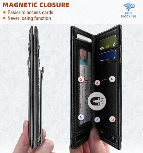 Image of Contacts RFID Blocking Magnetic Closure Slim Genuine Leather Front Pocket Wallet for Men Holds up to 12 Cards Including 1 ID Window Along with Money Clip (Black)