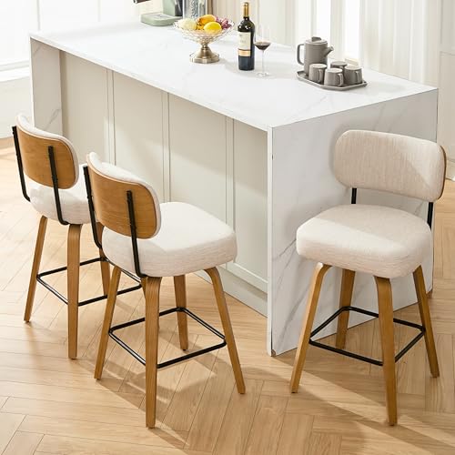 Image of Swivel Bar Stools Set of 3, 26 inch Upholstered Counter Height Bar Stools with Back and Oak Wood Legs, Linen Fabric Upholstered Barstools for Kitchen Counter, Linen Beige
