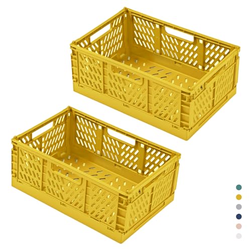 hautllaif 2 Stück Faltbare Kunststoff Aufbewahrungsbox, Einkaufskiste Klappbar, Stabil Klappboxen Faltbar für Küche, Büro, Schlafzimmer, Schrank, Schublade (Gelb, 30.5*20*12.5)