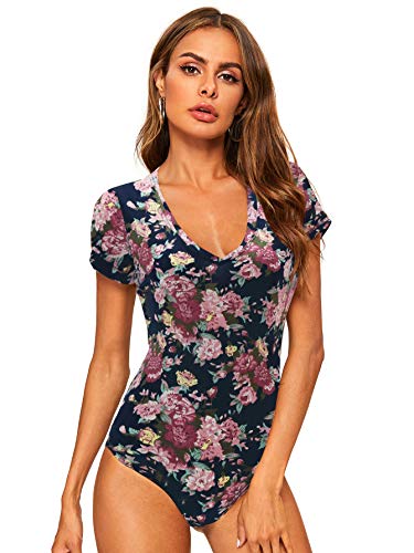 MakeMeChic Women's Short Sleeve Tops Basic V-Neck Leotard Bodysuit Jumpsuit Floral Navy XL
