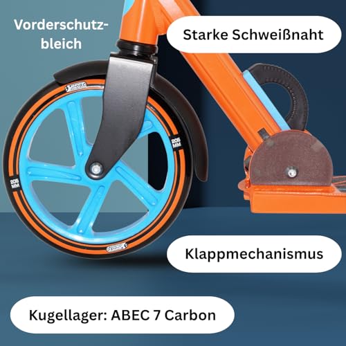 Best Sporting Scooter Erwachsene I klappbarer Roller mit St&auml;nder I blau - orange I hochwertiger City-Roller f&uuml;r Erwachsene I Tretroller mit Rollengr&ouml;&szlig;e 205 mm I ergonomischer Lenker