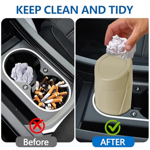 Image of Hovom Mini Car Trash Can with Lid, Portable Garbage Can for Car, Leakproof Cup Holder Automotive Garbage Bin with 2 Rolls of Trash Bags, Small Trash Storage Can for Car Home Office(Beige)