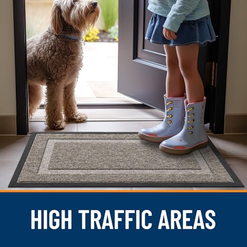 Image of OLANLY Front Door Mat Indoor Outdoor Entrance, Waterproof All-Season, All-Weather Doormat, Sturdy Natural Rubber, Low Profile, Easy Clean Patio Porch Entryway Mat, 35x23, Khaki and White