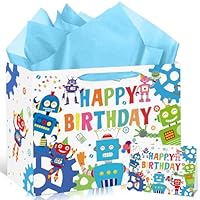 Large Robot Gift Bag with Wrapping Paper and Card, Cartoon Robot Birthday Party Favor Decorations Robots Kraft Paper Bag Gift Box with Handle for Robots Themed Baby Shower Boys Girls Kids Supplies