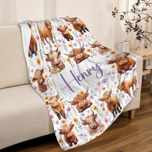 Image of Custom Highland Cow Blankets, Cute Highland Cow Gifts for Girls,Soft Flannel Throw Blanket with Name Floral Stuff Decoration,50 inchx60 inch for Teens