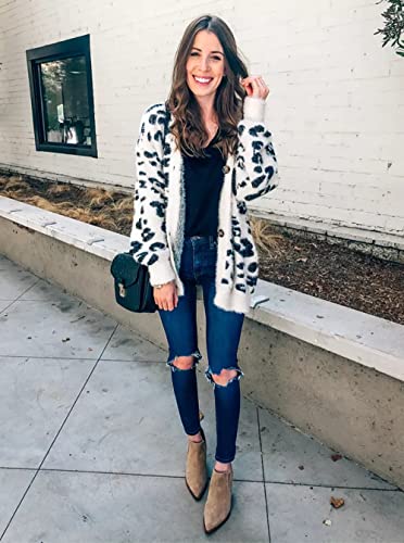 Btfbm Women Fashion Leopard Print Button Down Long Sleeve Soft Loose Knit Sweater Cardigan Coat Fall Winter Outwear (White, Small) #TOP1