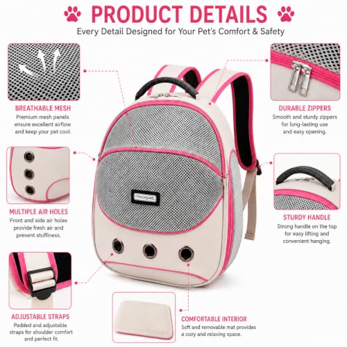 Image of Cawypety Cat Backpack Carrier, Breathable Cat Carrier Pet Backpack for Kitty Small Dog Up to 15Lbs, Transparent & Foldable Pet Carrier for Travel Hiking (Pink, White)