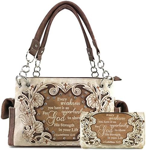 Justin WestEmbroidery Floral 2 Corinthians 12:9 Bible Verse Rhinestone Tote Shoulder Concealed Carry Handbag Messenger Purse