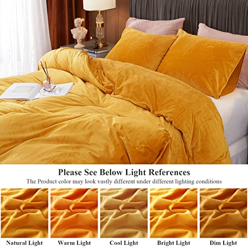 Ivellow Velvet Duvet Cover Set - Queen Size, Gold Velvet Comforter, 3 Pcs Ultra Soft, Breathable Solid Luxury Flannel Velour, Zipper Closure, Corner Tie