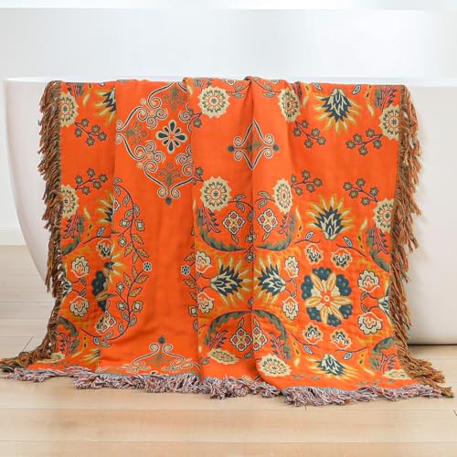 HOORDRY Baumwolle Tagesdecke,Bettüberwurf Wohndecke Sofadecke mit Muster 150x200CM,Herbst Doppelseitig Boho Decke Couchdecke Sesseldecke Wendedecke für Fernsehen oder Nap auf dem Stuhl,einzelbett