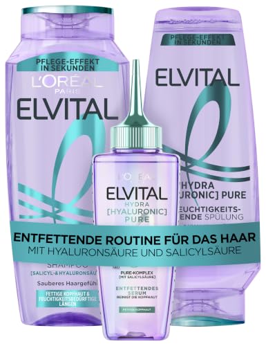 LOréal Paris Elvital Hydra Hyaluronic feuchtigkeitsspendendes Set für glänzendes Haar Für einen Feuchtigkeitsboost Glanz & Schutz langanhaltende Pflege Shampoo 300ml Spülung 250ml Serum 102ml