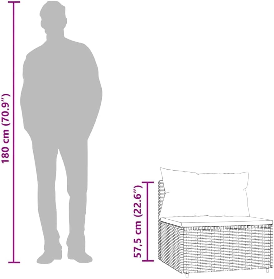 Brown PE Rattan Patio Loveseat Outdoor Modular Middle Sofa 24.8 x 22.6 in, Powder-Coated Steel Frame, Adjustable Feet, Green Cushion for Balcony Garden Backyard Seating