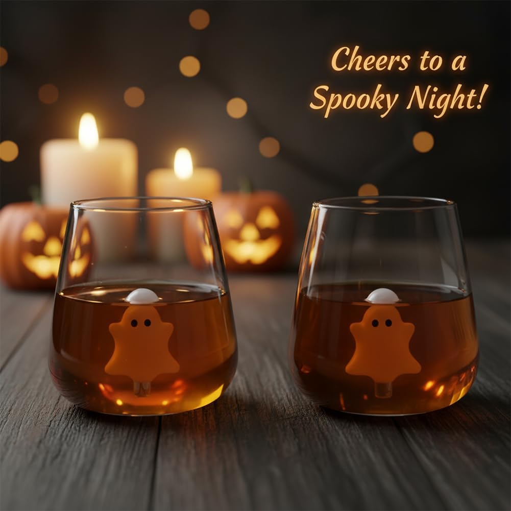 Ghost Wine Glasses, Halloween Stemless Glass Cups with Ghost Inside, Pumpkin Drinking Wines, Water & Juice Glasses Party Cup, Holiday Glassware for Restaurants Bars Home Supplies(2pcs)