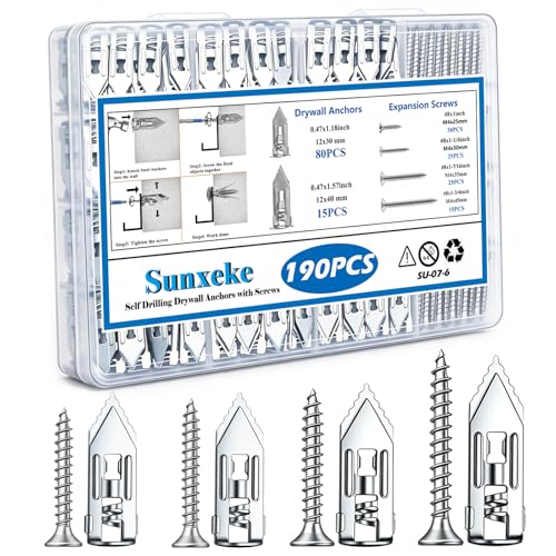 Image of 190 PCS Self Drilling Drywall Anchors with Screws Kit-2 Sizes Sheetrock Anchors & 4 Sizes Zinc Expansion Screws,Upgraded Zinc Plated Steel,No Drill Needed, Holds Up to 66LB on Walls(Sliver)