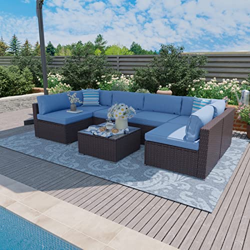 Sunbury Outdoor Sectional 7-Piece Espresso Brown Wicker Sofa Patio Furniture Set W 2 Stripe Pillows, Denim Blue Cushions, Tempered Glass Table, Weatherproof Cover For Backyard #TOP13