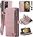 Defencase Galaxy S21 Ultra Wallet Case, PU Leather Magnetic Flip with Lanyard, Zipper Card Holder, Rose Pink