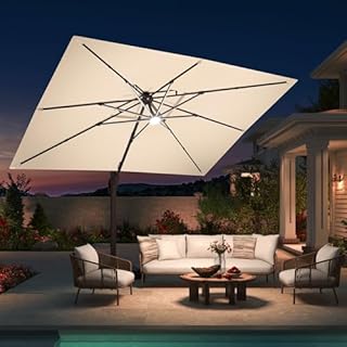 BreezyShade by King 10 X 13 FT Cantilever Patio Umbrella with Base Included & Led Lights Outdoor Rectangle Offset Large Double Top Heavy Duty Umbrellas 360°Rotation for Pool Deck Backyard,Beige
