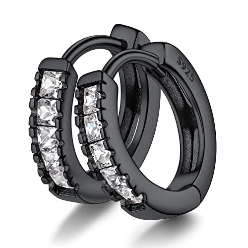 Silvora 14mm Aros Pendientes Negros Plata Brillantes Hip Hop Hombre, Cartilago Pequenos Pendientes Diamantes Simulados