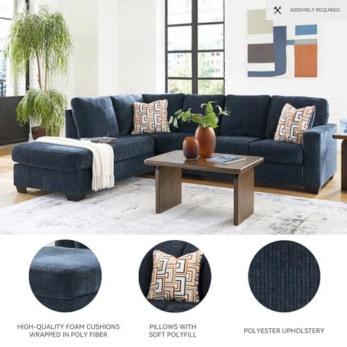 Image of Signature Design by Ashley L-Shape Navy Blue Sectional Sofa with Chaise | Plush chenille fabric for living rooms, 110-inch L-shaped layout, Sag-resistant platform foundation, Aviemore Series