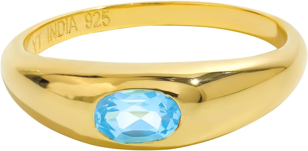YoTreasure Swiss Blue Topaz Band Ring for Women | 14k Gold Plated Over 925 Sterling Silver | Stackable Wedding & Engagement Jewelry