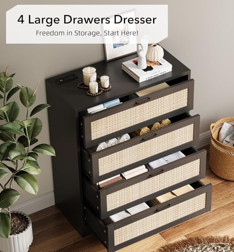 GarveeHome Rattan Dresser, Tall Chest of Drawers, Wood Dresser for Bedroom, Closet, Living Room, Hallway (Black, 15.8" D x 31.5" W x 38.6" H (4 Rattan Drawers))
