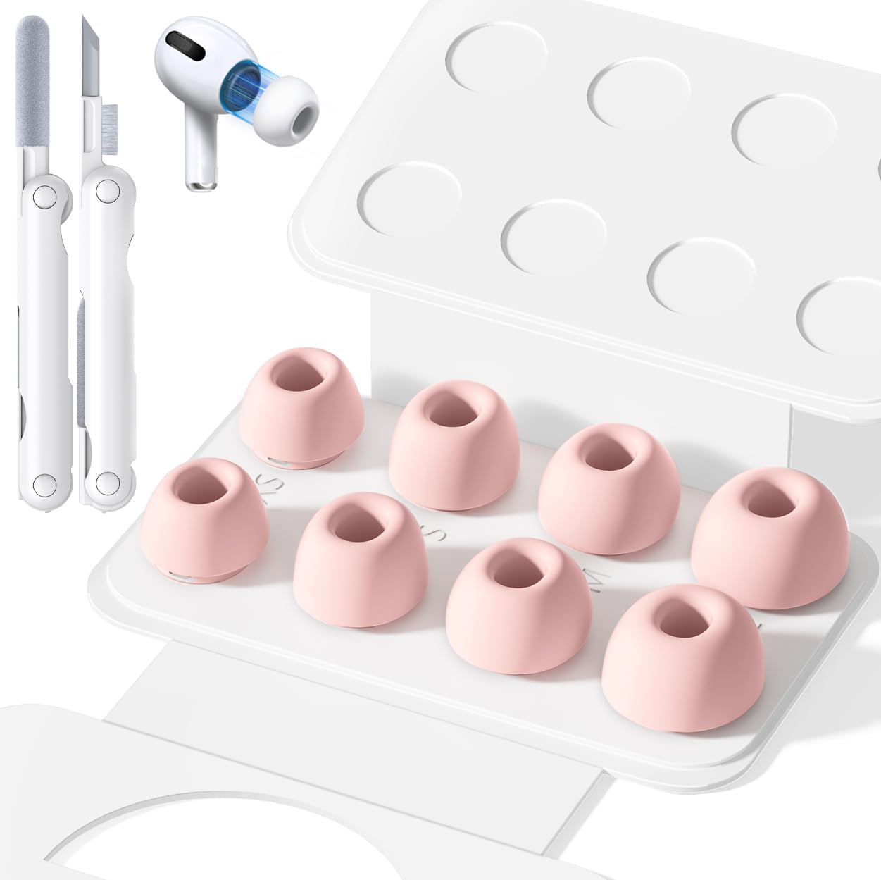 4 Pairs Replacement Ear Tips for Airpods Pro 1/2 with Hole for Noise Reduction, Silicone Earplugs for Airpods Pro with Cleaning Set & Portable Storage Box, 4 Sizes (XS/S/M/L) White — view 12