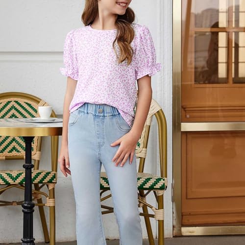 Girls Boho Floral Puff Sleeve Shirts Cotton Linen Blouses Breathable Loose Fit Tops Cottagecore Tunic Blouses Cute Tees3