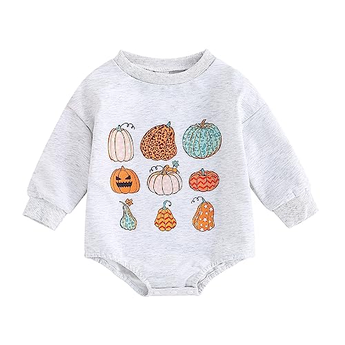 Image of Hnyenmcko Newborn Baby Boy Girl Halloween Outfit Pumpkin Sweatshirt Bubble Romper Oversized Bodysuit Halloween Baby Clothes (Pumpkin-Gray, 0-3 Months)