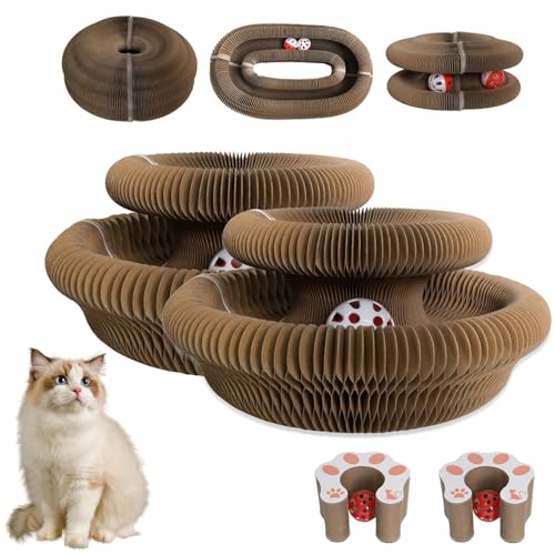 2 Pack Cat Scratcher Board Foldable with Bell Ball Magic Organ Cat Toy for Cats Protects Furniture Corrugated Cardboard Scratching PadInteractive Mental Physical Exercise for Indoor Cats Toy