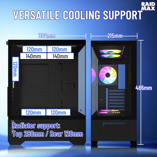 Image of Raidmax i802 Vibe Series ATX Mid Tower Gaming Case Bundle - Tempered Glass Side Panel, Includes 700W 80+ Power Supply, AM1204 Digital Display Air Cooler, and 5 Pre-Installed FRGB Fans (Black)