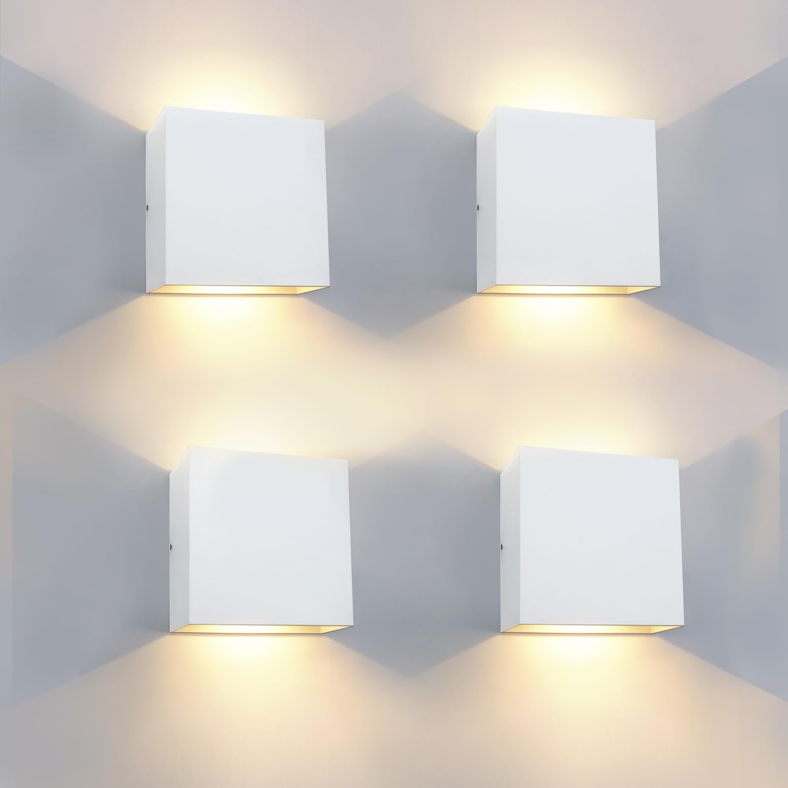 KICAAO 4 Pezzi Applique da Parete Esterno LED Lampada da Parete Interno Moderno Bianco,12W Luce Caldo 3000k, Lampada Muro IP65 Impermeabile Quadrata Alluminio Lampada da Parete Esterna… (4)