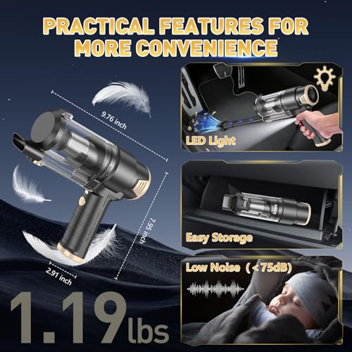 Image of KMM Handheld Car Vacuum Cleaner, 16000PA Air Duster & Vacuum Cleaner, 120W High Power Hand Held Vacuum Cordless, Portable Vacuum Rechargeable with Multi-Nozzles & LED Light for Car, Home, Pet, Office