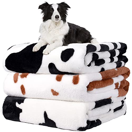 Image of Rezutan 1 Pack 3 Blankets for Dogs, Dog Blanket for Large & Medium Pet Cat, Premium Soft Fluffy Suitable for Dog Kennels & Beds, Sofas, Gifts Puppy Essentials, 41x31inch, Black Brown White Cow Print