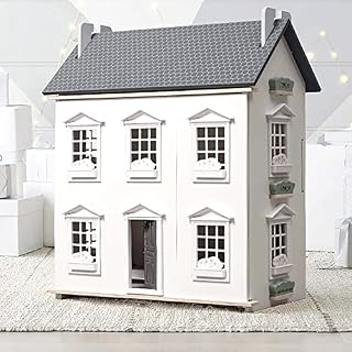 Wooden Dollhouse With 11 piece Furniture Set Included, 55 x 26 x 65cm, Dolls house With Opening Front Panel, Assemble in 5 Mins With No Tools : White/Grey