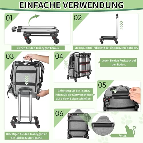 OUUTMEE Haustiertragetasche, abnehmbare Tragetasche mit Rädern, ideal für Katzen und kleine Hunde, Multifunktionaler Rucksack 4-Wege-Handtasche Atmungsaktiv (Grau)