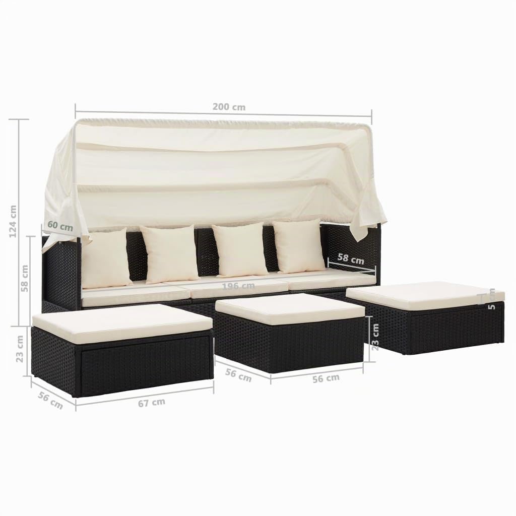 vidaXL Gartenbett mit Dach Sonnenliege Gartenliege mit Sonnenschutz Chaiselongue Sonnenbett mit Klapptisch Outdoor Lounge Schwarz Poly Rattan