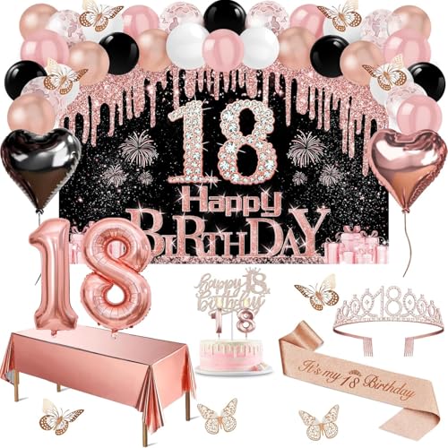18 Geburtstag Mädchen Deko 49 Stück Black Rose Gold Black Happy 18th Birthday Banner Tischdecke Schmetterlingsdekoration Krawatte und Tiara Kuchenverzierung Ballonbogen