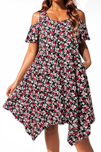Image of Pinup Fashion Plus Size Summer Sundress Casual Flowy Cold Shoulder Dress | Breathable, scoop neck, handkerchief hem, side pockets, casual swing dress for beach, vacation,daily wear