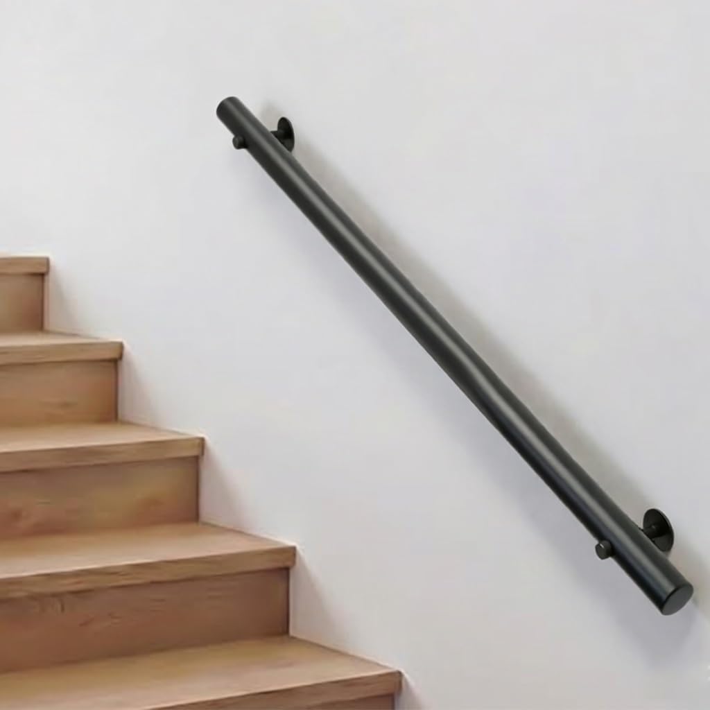 DMCHENGMA Wooden Handrails, 1ft-15ft Non-Slip Staircase Railing, Wall Mounted Barrier-Free Black Round Staircase Grab Bar(3ft/90cm)