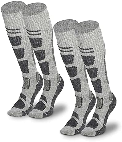 Ski Socks Mens and Women [2 Pack], Warm Merino Wool Ski Socks for Adult Skiing, Snowboarding and Outdoor Activity, Non-Slip, Knee-high Wool Ski Socks, Grey