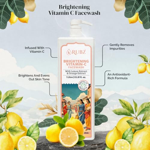 Image of Rubz Brightening Vitamin-C Face Wash With Orange Peel & Lemon Extract | Brighten & Refreshed Skin | Gentle Cleansing & Revitalizing | For Men & Women, Daily Use | 1 Litre