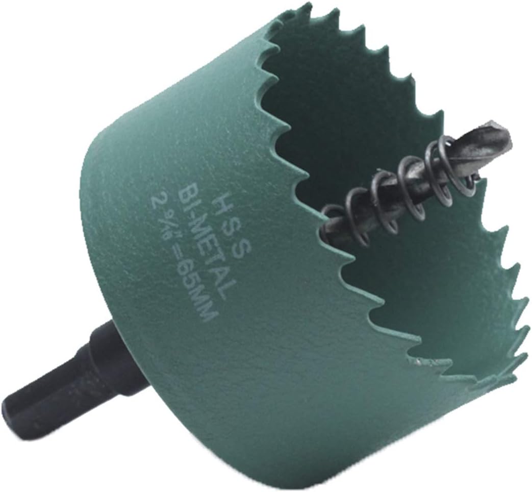 2.56 Inch / 65mm Hole Saw Green with Arbor and Pilot Drill Bit, Bi-Metal Hole Cutter for Fiberboard, Wood, Drywall, Plastic, Soft Metal Sheet, PVC Board and Cornhole Boards Drilling