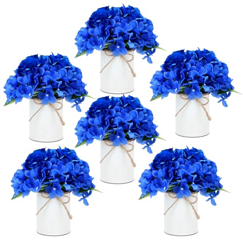DIYDOFUN Flower Table Centerpieces - Set of 6 Floral Arrangement Artificial Wedding Hydrangeas Floral Arrangement with Rustic Metal Vase for Bridal Tea Party Event Decorations - Royal Blue