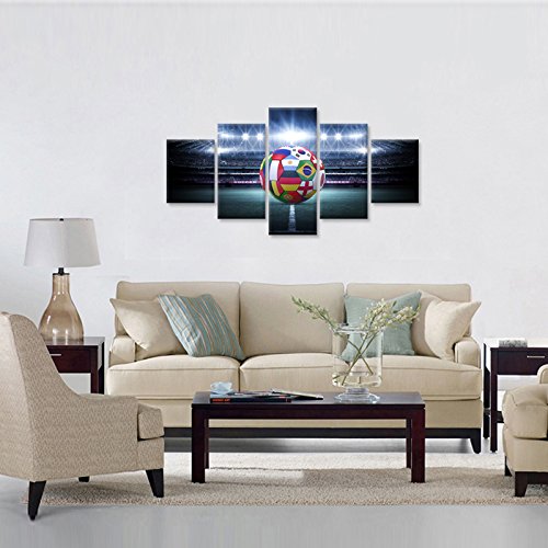 Hello Artwork Large 5 Pieces Canvas Wall Art Light Shining Soccer Ball Stadium Close Up Arena Soccer Field Championship Win Modern Wall Decor Stretched Gallery Canvas Wrap Giclee Print Ready To Hang #TOP2