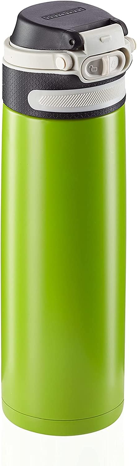 Leifheit Thermobecher Flip 600ml, Kaffeebecher 100% dicht, praktisches Öffnen mit einer Hand, Trinkbecher to go mit Filter für Wasser mit Obststücken, hält Getränke bis zu 6 Stunden heiß, grün